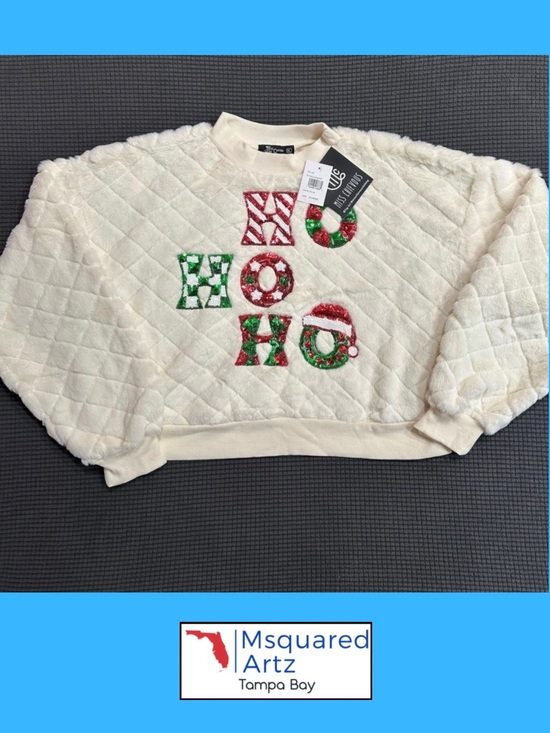 Miss Chievous Sweaters - Miss Chievous HO HO HO Christmas Sweater Womens XL Ivory Sequin Fuzzy Pullover